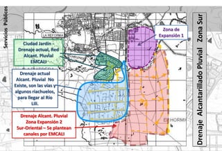 Servicios Públicos




                                                                 Drenaje Alcantarillado Pluvial Zona Sur
                                                     Zona de
                                                   Expansión 1
                         Ciudad Jardín -
                       Drenaje actual, Red
                         Alcant. Pluvial
                            EMCALI

                        Drenaje actual
                      Alcant. Pluvial No
                     Existe, son las vías y
                     algunos riachuelos,
                       para llegar al Río
                              Lili.

                       Drenaje Alcant. Pluvial
                          Zona Expansión 2
                      Sur-Oriental – Se plantean
                         canales por EMCALI
 