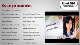 Gracias por su atención.
INTEGRANTES DEL GRUPO:
Sonia Karina Vargas López
Livia Librada González Pérez
Manuel Sánchez
Carlos Joaquín Nava Fosado
Liliana Oyorzabal Garcia
Maria Eugenia Paniahua
Gerardo Tamayo Garcia
Alma Itzel Amador Galiñanes
Norma Vega Meza
Armando Rodriguez Mendez
Isaac Francisco Centeno Gonzalez
Jose Jimenez Lopez
Ezequiel Romero Mendez
Reina Casanova Cituk
Viridiana Sanchez Verdeja
Alejandra Aguirre Barrientos
Tania Rivera Solis
Axel Iván Flores Molina
 
