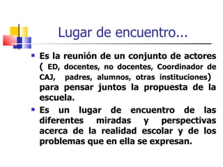 Lugar de encuentro... Es la reunión de un conjunto de actores (  ED, docentes, no docentes, Coordinador de CAJ,  padres, alumnos, otras instituciones )  para pensar juntos la propuesta de la escuela. Es un lugar de encuentro de las diferentes miradas y perspectivas acerca de la realidad escolar y de los problemas que en ella se expresan. 