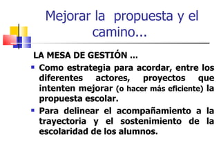 Mejorar la  propuesta y el camino...  LA MESA DE GESTIÓN ... Como estrategia para acordar, entre los diferentes actores, proyectos que intenten mejorar  (o hacer más eficiente)  la propuesta escolar. Para delinear el acompañamiento a la trayectoria y el sostenimiento de la escolaridad de los alumnos. 