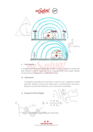 a) Aproximação
A frequência percebida pelo observador é maior do que a frequência emitida pela
fonte. Quando se trata de uma onda sonora, o som percebido é mais agudo. Quando
se trata de fonte luminosa, a luz se torna mais azulada.
b) Afastamento
A frequência percebida pelo observador é menor do que a frequência emitida
pela fonte. Quando se trata de uma onda sonora, o som percebido é mais grave.
Quando se trata de fonte luminosa, a luz se torna mais avermelhada.
c) Equação do Efeito Doppler
Em que: 𝑓
𝑜 é a frequência percebida pelo observador.
 