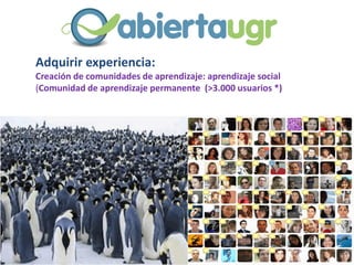 Adquirir experiencia:
Creación de comunidades de aprendizaje: aprendizaje social
(Comunidad de aprendizaje permanente (>3.000 usuarios *)
 