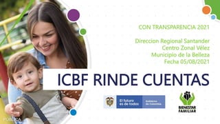 ICBF RINDE CUENTAS
CON TRANSPARENCIA 2021
Direccion Regional Santander
Centro Zonal Vélez
Municipio de la Belleza
Fecha 05/08/2021
PÚBLICA
 