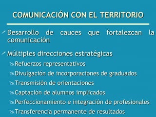 COMUNICACIÓN CON EL TERRITORIO Desarrollo de cauces que fortalezcan la comunicación Múltiples direcciones estratégicas Refuerzos representativos Divulgación de incorporaciones de graduados Transmisión de orientaciones Captación de alumnos implicados Perfeccionamiento e integración de profesionales Transferencia permanente de resultados 