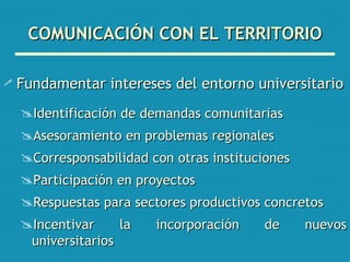 COMUNICACIÓN CON EL TERRITORIO Fundamentar intereses del entorno universitario Identificación de demandas comunitarias Asesoramiento en problemas regionales Corresponsabilidad con otras instituciones Participación en proyectos Respuestas para sectores productivos concretos Incentivar la incorporación de nuevos universitarios 