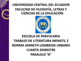 UNIVERSIDAD CENTRAL DEL ECUADOR
 FACULTAD DE FILOSOFÍA, LETRAS Y
     CIENCIAS DE LA EDUCACIÓN




     ESCUELA DE PARVULARIA
 TRABAJO DE LITERATURA INFANTIL 2
NORMA JANNETH LOMBEIDA URBANO
        CUARTO SEMESTRE
          PARALELO “A”
 
