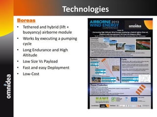 Technologies
Boreas
• Tethered and hybrid (lift +
buoyancy) airborne module
• Works by executing a pumping
cycle
• Long Endurance and High
Altitude
• Low Size Vs Payload
• Fast and easy Deployment
• Low-Cost
 