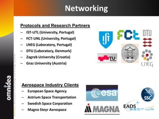 Networking
Protocols and Research Partners
– IST-UTL (University, Portugal)
– FCT-UNL (University, Portugal)
– LNEG (Laboratory, Portugal)
– DTU (Laboratory, Denmark)
– Zagreb University (Croatia)
– Graz University (Austria)
Aerospace Industry Clients
– European Space Agency
– Astrium Space Transportation
– Swedish Space Corporation
– Magna Steyr Aerospace
 