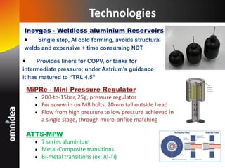 Technologies
Inovgas - Weldless aluminium Reservoirs
 Single step, Al cold forming, avoids structural
welds and expensive + time consuming NDT
 Provides liners for COPV, or tanks for
intermediate pressure; under Astrium’s guidance
it has matured to “TRL 4.5”
MiPRe - Mini Pressure Regulator
 200-to-15bar, 25g, pressure regulator
 For screw-in on M8 bolts, 20mm tall outside head
 Flow from high pressure to low pressure achieved in
a single stage, through micro-orifice matching
ATTS-MPW
 7 series aluminium
 Metal-Composite transitions
 Bi-metal transitions (ex: Al-Ti)
 
