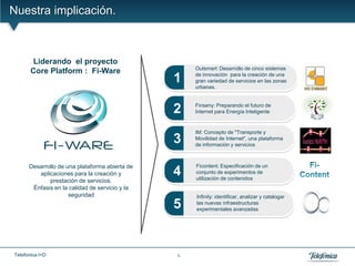 Nuestra implicación.



       Liderando el proyecto
                                                    Outsmart: Desarrollo de cinco sistemas
       Core Platform : Fi-Ware
                                                1   de innovación para la creación de una
                                                    gran variedad de servicios en las zonas
                                                    urbanas.



                                                2   Finseny: Preparando el futuro de
                                                    Internet para Energía Inteligente


                                                    IM: Concepto de "Transporte y
                                                3   Movilidad de Internet", una plataforma
                                                    de información y servicios



      Desarrollo de una plataforma abierta de       Ficontent: Especificación de un
         aplicaciones para la creación y        4   conjunto de experimentos de
                                                    utilización de contenidos
             prestación de servicios.
       Énfasis en la calidad de servicio y la
                     seguridad                      Infinity: identificar, analizar y catalogar
                                                5   las nuevas infraestructuras
                                                    experimentales avanzadas




Telefonica I+D                                  4
 