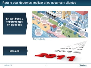 Para lo cual debemos implicar a los usuarios y clientes




    En test beds y
    experimentos
     en ciudades




                      Smart Santander




          Mas allá




Telefonica I+D                          7
 