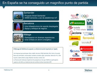 En España se ha conseguido un magnifico punto de partida

                                    Santander
                                    • Proyecto Smart Santander
                                    • 20000 sensores y uso de plataformas IoT


                                    Barcelona
                                    • Una infraestructura de soporte desplegada
                                    • Apoyo y enfoque de negocio


                                    Málaga
                                    • Participacion en diversas experiencias
                                    • Gran énfasis en ahorro energético




                 El liderazgo de Telefónica ha supuesto un efecto de tracción importante en España


                 Las empresas que participan: Atos, Isdefe, Acciona, UPM, Iberdrola, DHL, Everis, Ferrovial,
                 Banco de Santander, Universidad. Cantabria, Ariadna, Ayto. Santander, Norte de TTI, E. ON
                 España, Cadena Ibérica, Ayto. Madrid, Tecnalia, Condis, SGS
                 La financiación total para España (en los proyectos en los que Telefónica participa) es
                 superior a 8,5 M € y un total de más de 11,4 M en la fase inicial de la PPP




Telefonica I+D                                                                       8
 