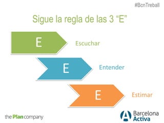 Sigue la regla de las 3 “E”
E
E
E
Escuchar
Entender
Estimar
#BcnTreball
 