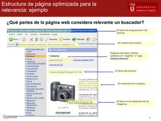 ¿Qué partes de la página web considera relevante un buscador? Estructura de página optimizada para la relevancia: ejemplo El título de programación del artículo El título del artículo El texto en las etiquetas de las imágenes Palabras del texto. Ciertas palabras en “negritas” o “ con enlaces internos ”.  El nombre del archivo El contenido de la página 