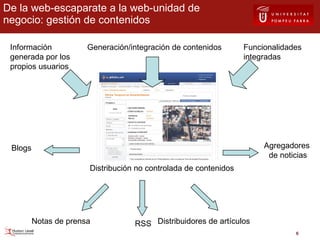 De la web-escaparate a la web-unidad de negocio: gestión de contenidos Generación/integración de contenidos Distribución no controlada de contenidos Agregadores  de noticias Notas de prensa Distribuidores de artículos Blogs Información generada por los propios usuarios Funcionalidades integradas RSS 