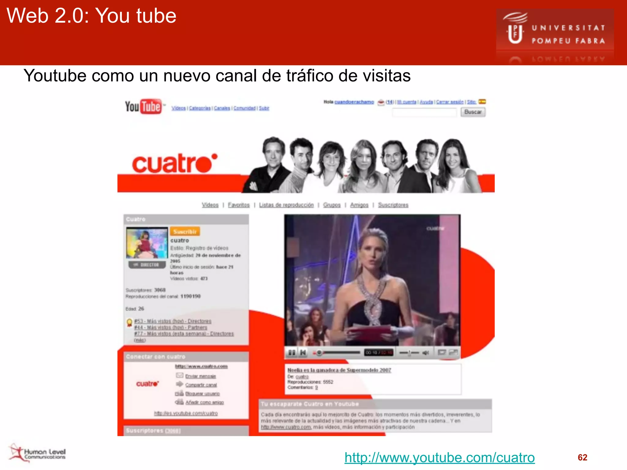 Web 2.0: You tube

 Youtube como un nuevo canal de tráfico de visitas




                                         http://www.youtube.com/cuatro   62
 