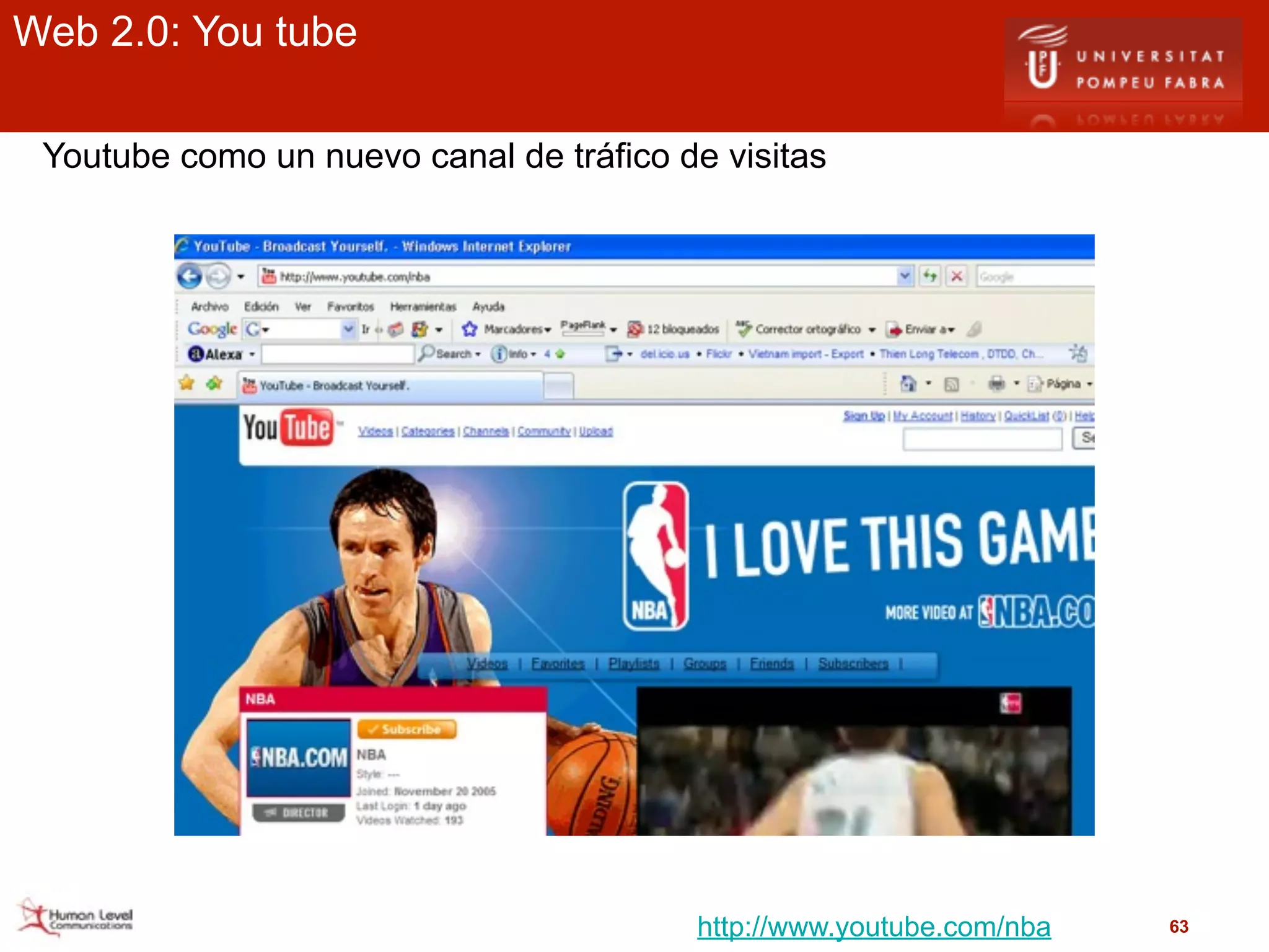 Web 2.0: You tube

 Youtube como un nuevo canal de tráfico de visitas




                                         http://www.youtube.com/nba   63
 
