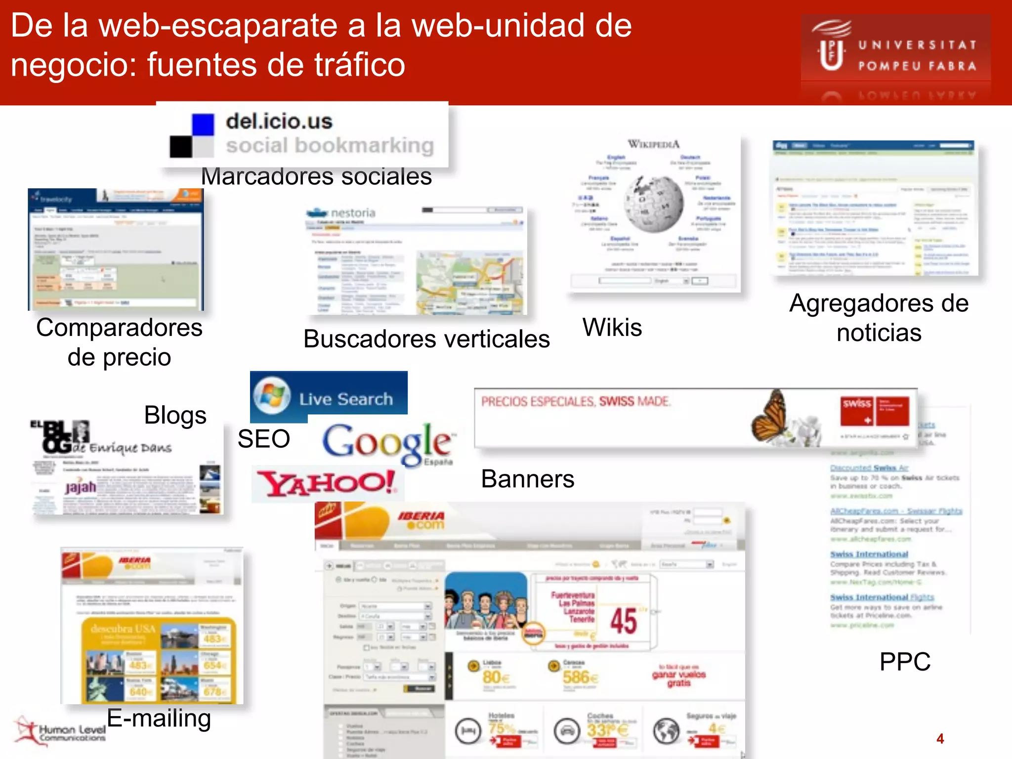 De la web-escaparate a la web-unidad de
negocio: fuentes de tráfico


              Marcadores sociales




                                                         Agregadores de
 Comparadores           Buscadores verticales    Wikis       noticias
   de precio

         Blogs
                  SEO
                                       Banners




                                                                PPC

      E-mailing
                                                                      4
 