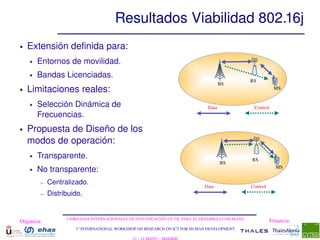 Resultados Viabilidad 802.16j
●   Extensión definida para:
    ●   Entornos de movilidad.
    ●   Bandas Licenciadas.
                                                                                                 RS
                                                                                     BS
●   Limitaciones reales:                                                                                     MS


    ●   Selección Dinámica de                                                 Data                Control
        Frecuencias.
●   Propuesta de Diseño de los 
    modos de operación:
    ●   Transparente.                                                                            RS
                                                                                     BS
    ●   No transparente:                                                                                      MS


        –   Centralizado.
                                                                             Data                Control
        –   Distribuido.


                  I JORNADAS INTERNACIONALES DE INVESTIGACIÓN EN TIC PARA EL DESARROLLO HUMANO
Organiza:                                                                                                   Financia:
                     1st INTERNATIONAL WORKSHOP ON RESEARCH ON ICT FOR HUMAN DEVELOPMENT
 