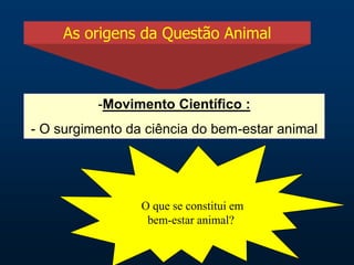 As origens da Questão Animal
-Movimento Científico :
- O surgimento da ciência do bem-estar animal
O que se constitui em
bem-estar animal?
 