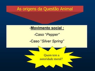 As origens da Questão Animal
-Movimento social :
-Caso “Pepper”
-Caso “Silver Spring”
Quem tem a
autoridade moral?
 