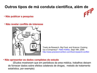 • Não apresentar os dados completos do estudo
(Etudos mostraram que em periódicos da area médica, trabalhos deixam
de fornecer dados sobre efeitos colaterais de drogas, metodo de tratamento
estatístico, por exemplo)
• Não publicar a pesquisa
Outros tipos de má conduta científica, além de
Tirado de:Research, Big Food, and Science: Cooking
Up a Conspiracy? Helen Kollias, Sept.18th, 2009.
http://www.precisionnutrition.com/food-research-conflict
• Não revelar conflito de interesse
 