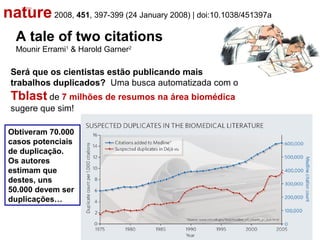 A tale of two citations
Mounir Errami1
& Harold Garner2
nature2008, 451, 397-399 (24 January 2008) | doi:10.1038/451397a
Será que os cientistas estão publicando mais
trabalhos duplicados? Uma busca automatizada com o
Tblast de 7 milhões de resumos na área biomédica
sugere que sim!
Obtiveram 70.000
casos potenciais
de duplicação.
Os autores
estimam que
destes, uns
50.000 devem ser
duplicações…
D. PARKINS
 