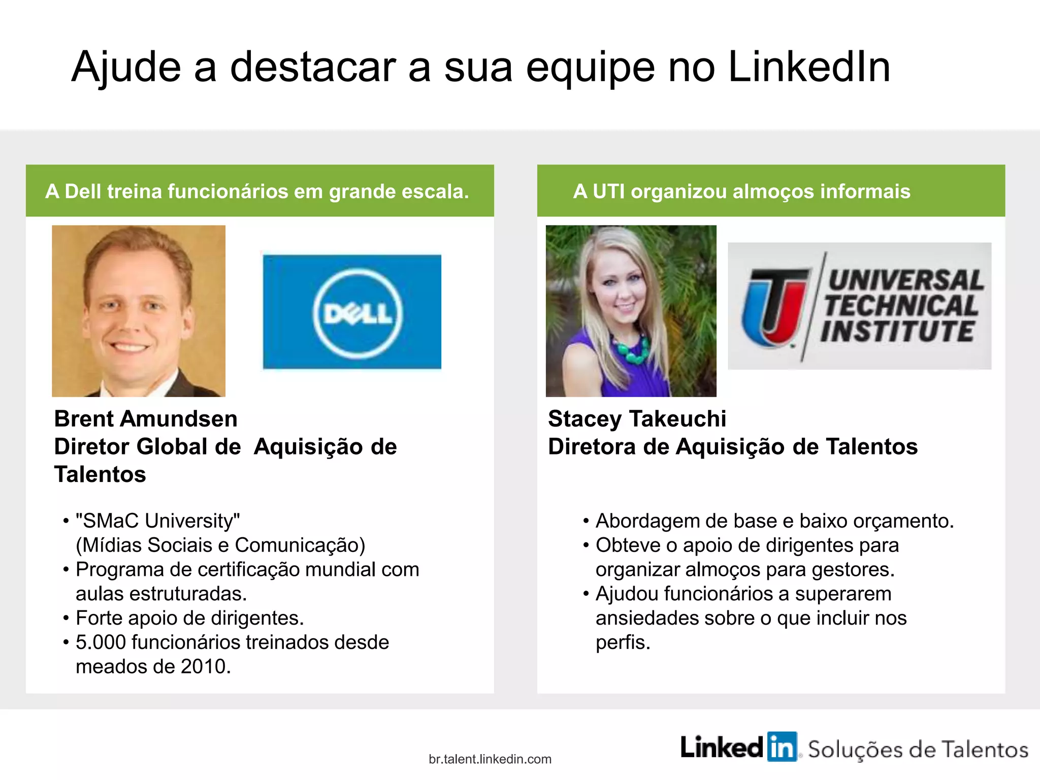 Ajude a destacar a sua equipe no LinkedIn
A Dell treina funcionários em grande escala.
br.talent.linkedin.com
Brent Amundsen
Diretor Global de Aquisição de
Talentos
• "SMaC University"
(Mídias Sociais e Comunicação)
• Programa de certificação mundial com
aulas estruturadas.
• Forte apoio de dirigentes.
• 5.000 funcionários treinados desde
meados de 2010.
A UTI organizou almoços informais
Stacey Takeuchi
Diretora de Aquisição de Talentos
• Abordagem de base e baixo orçamento.
• Obteve o apoio de dirigentes para
organizar almoços para gestores.
• Ajudou funcionários a superarem
ansiedades sobre o que incluir nos
perfis.
 