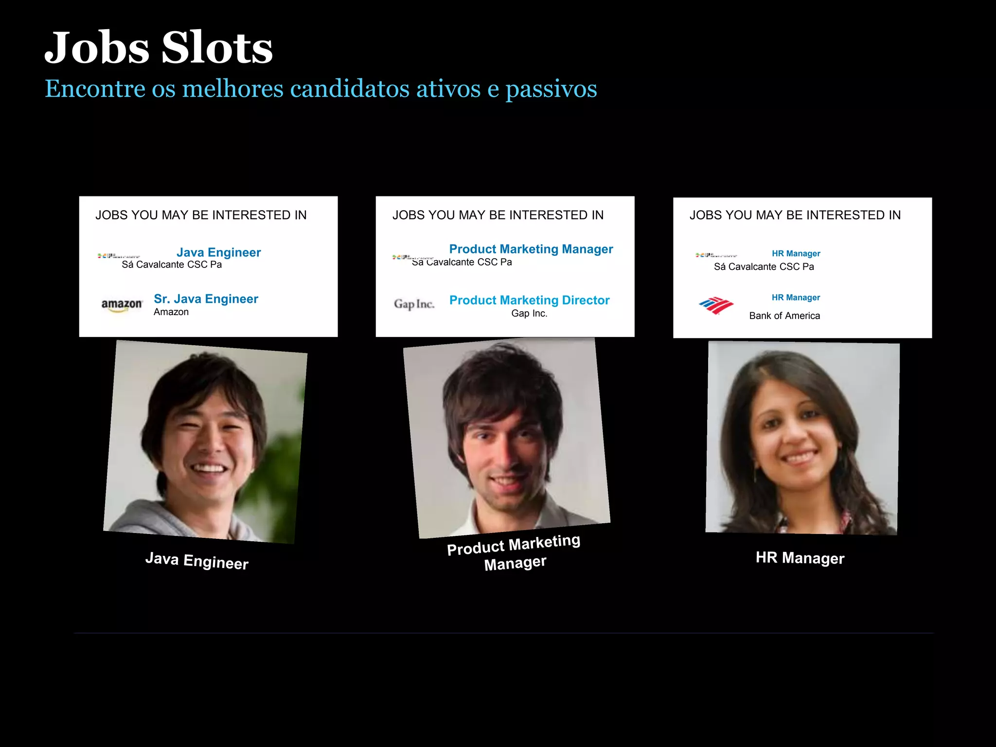 Jobs Slots
Encontre os melhores candidatos ativos e passivos
Amazon
Sr. Java Engineer
Java Engineer
JOBS YOU MAY BE INTERESTED IN
Product Marketing Director
Gap Inc.
Sá Cavalcante CSC Pa
Product Marketing Manager
JOBS YOU MAY BE INTERESTED IN
Sá Cavalcante CSC Pa
JOBS YOU MAY BE INTERESTED IN
Bank of America
Sá Cavalcante CSC Pa
HR Manager
HR Manager
 
