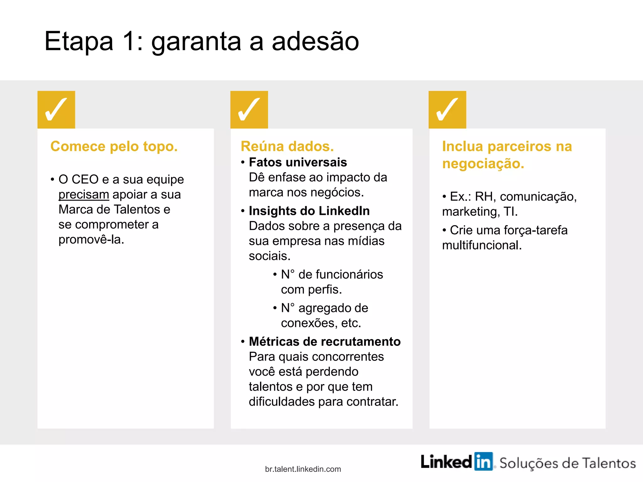 Etapa 1: garanta a adesão
Comece pelo topo.
• O CEO e a sua equipe
precisam apoiar a sua
Marca de Talentos e
se comprometer a
promovê-la.
Reúna dados.
• Fatos universais
Dê enfase ao impacto da
marca nos negócios.
• Insights do LinkedIn
Dados sobre a presença da
sua empresa nas mídias
sociais.
• N° de funcionários
com perfis.
• N° agregado de
conexões, etc.
• Métricas de recrutamento
Para quais concorrentes
você está perdendo
talentos e por que tem
dificuldades para contratar.
Inclua parceiros na
negociação.
• Ex.: RH, comunicação,
marketing, TI.
• Crie uma força-tarefa
multifuncional.
br.talent.linkedin.com
 
