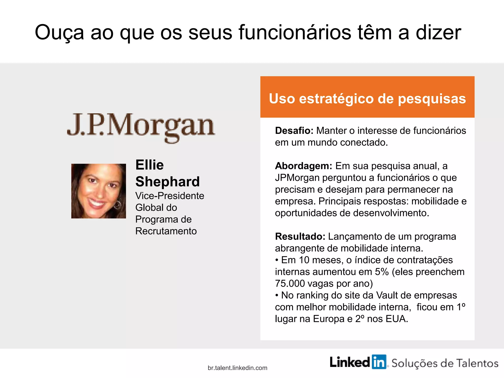 Ouça ao que os seus funcionários têm a dizer
Uso estratégico de pesquisas
Desafio: Manter o interesse de funcionários
em um mundo conectado.
Abordagem: Em sua pesquisa anual, a
JPMorgan perguntou a funcionários o que
precisam e desejam para permanecer na
empresa. Principais respostas: mobilidade e
oportunidades de desenvolvimento.
Resultado: Lançamento de um programa
abrangente de mobilidade interna.
• Em 10 meses, o índice de contratações
internas aumentou em 5% (eles preenchem
75.000 vagas por ano)
• No ranking do site da Vault de empresas
com melhor mobilidade interna, ficou em 1º
lugar na Europa e 2º nos EUA.
br.talent.linkedin.com
Ellie
Shephard
Vice-Presidente
Global do
Programa de
Recrutamento
 