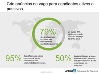 50%
das candidaturas a vagas
no LinkedIn são enviadas
através de recursos e não
encontradas em
pesquisas.
95%
de profissionais não se
importam de serem
contactados com
oportunidades relevantes.
79%dos profissionais
mundiais são
considerados
candidatos passivos.
Os outros 21%
estão procurando
um novo emprego
de forma ativa.
br.talent.linkedin.com
Crie anúncios de vaga para candidatos ativos e
passivos
 