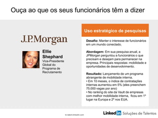 Ouça ao que os seus funcionários têm a dizer
Uso estratégico de pesquisas
Desafio: Manter o interesse de funcionários
em um mundo conectado.
Abordagem: Em sua pesquisa anual, a
JPMorgan perguntou a funcionários o que
precisam e desejam para permanecer na
empresa. Principais respostas: mobilidade e
oportunidades de desenvolvimento.
Resultado: Lançamento de um programa
abrangente de mobilidade interna.
• Em 10 meses, o índice de contratações
internas aumentou em 5% (eles preenchem
75.000 vagas por ano)
• No ranking do site da Vault de empresas
com melhor mobilidade interna, ficou em 1º
lugar na Europa e 2º nos EUA.
br.talent.linkedin.com
Ellie
Shephard
Vice-Presidente
Global do
Programa de
Recrutamento
 