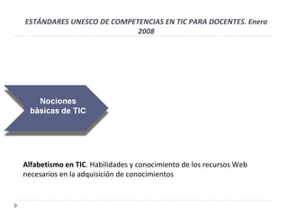ESTÁNDARES UNESCO DE COMPETENCIAS EN TIC PARA DOCENTES. Enero 2008 Alfabetismo en TIC . Habilidades y conocimiento de los recursos Web necesarios en la adquisición de conocimientos 