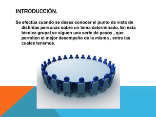 INTRODUCCIÓN.
Se efectúa cuando se desea conocer el punto de vista de
  distintas personas sobre un tema determinado. En esta
  técnica grupal se siguen una serie de pasos , que
  permiten el mejor desempeño de la misma , entre las
  cuales tenemos.
 