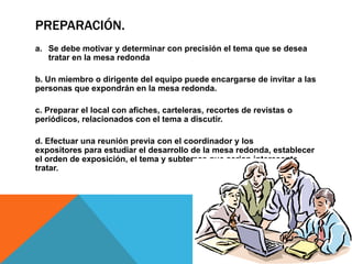 PREPARACIÓN.
a. Se debe motivar y determinar con precisión el tema que se desea
   tratar en la mesa redonda

b. Un miembro o dirigente del equipo puede encargarse de invitar a las
personas que expondrán en la mesa redonda.

c. Preparar el local con afiches, carteleras, recortes de revistas o
periódicos, relacionados con el tema a discutir.

d. Efectuar una reunión previa con el coordinador y los
expositores para estudiar el desarrollo de la mesa redonda, establecer
el orden de exposición, el tema y subtemas que serian interesante
tratar.
 