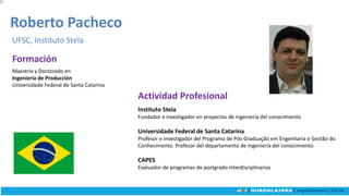 Maestría y Doctorado en
Ingeniería de Producción
Universidade Federal de Santa Catarina
Roberto Pacheco
UFSC, Instituto Stela
Instituto Stela
Fundador e investigador en proyectos de ingeniería del conocimiento
Universidade Federal de Santa Catarina
Profesor e investigador del Programa de Pós-Graduação em Engenharia e Gestão do
Conhecimento. Profesor del departamento de ingeniería del conocimiento.
CAPES
Evaluador de programas de postgrado interdisciplinarios
Actividad Profesional
Formación
 