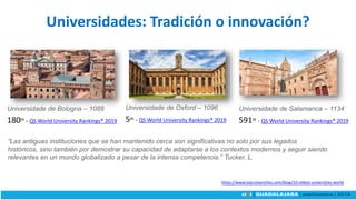 Universidades: Tradición o innovación?
“Las antiguas instituciones que se han mantenido cerca son significativas no solo por sus legados
históricos, sino también por demostrar su capacidad de adaptarse a los contextos modernos y seguir siendo
relevantes en un mundo globalizado a pesar de la intensa competencia.” Tucker, L.
Universidade de Bologna – 1088
180th - QS World University Rankings® 2019
Universidade de Oxford – 1096
5th - QS World University Rankings® 2019
Universidade de Salamanca – 1134
591th - QS World University Rankings® 2019
https://www.topuniversities.com/blog/10-oldest-universities-world
 