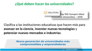 ¿Qué deben hacer las universidades?
Clasifica a las instituciones educativas que hacen más para
avanzar en la ciencia, inventar nuevas tecnologías y
potenciar nuevos mercados e industrias.
 