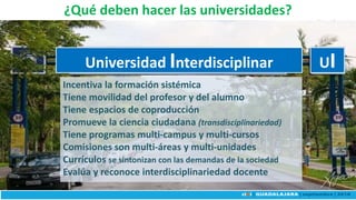 ¿Qué deben hacer las universidades?
Universidad Interdisciplinar UI
Incentiva la formación sistémica
Tiene movilidad del profesor y del alumno
Tiene espacios de coproducción
Promueve la ciencia ciudadana (transdisciplinariedad)
Tiene programas multi-campus y multi-cursos
Comisiones son multi-áreas y multi-unidades
Currículos se sintonizan con las demandas de la sociedad
Evalúa y reconoce interdisciplinariedad docente
 