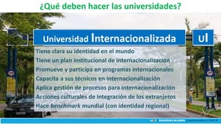 ¿Qué deben hacer las universidades?
Universidad Internacionalizada UI
Tiene clara su identidad en el mundo
Tiene un plan institucional de internacionalización
Promueve y participa en programas internacionales
Capacita a sus técnicos en internacionalización
Aplica gestión de procesos para internacionalización
Acciones culturales de integración de los extranjeros
Hace benchmark mundial (con identidad regional)
 