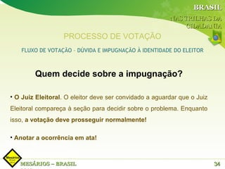 BRASIL
                                                        NAS TRILHAS DA
                                                             CIDADANIA
                  PROCESSO DE VOTAÇÃO
    FLUXO DE VOTAÇÃO – DÚVIDA E IMPUGNAÇÃO À IDENTIDADE DO ELEITOR



        Quem decide sobre a impugnação?

• O Juiz Eleitoral. O eleitor deve ser convidado a aguardar que o Juiz
Eleitoral compareça à seção para decidir sobre o problema. Enquanto
isso, a votação deve prosseguir normalmente!

• Anotar a ocorrência em ata!



   MESÁRIOS – BRASIL                                                     34
 