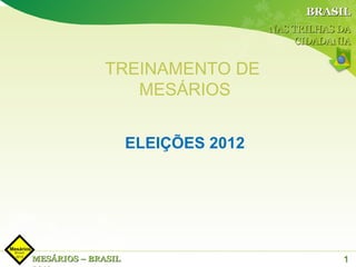 BRASIL
                                    NAS TRILHAS DA
                                         CIDADANIA


              TREINAMENTO DE
                 MESÁRIOS


                    ELEIÇÕES 2012




MESÁRIOS – BRASIL                               1
 