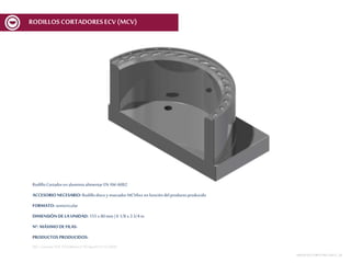 RodilloCortadoren aluminioalimentarEN AW-6082
ACCESORIO NECESARIO: Rodillodiscoy marcador MCV6xx en funcióndelproductoproducido
FORMATO: semicircular
DIMENSIÓN DE LA UNIDAD: 155x 80mm | 6 1/8 x 3 3/4 in
Nº. MÁXIMODE FILAS:
PRODUCTOS PRODUCIDOS:
REF.:Cortante SOF 155x80mmnº 05Spec01V1ECV600
MESASDECORTEMCF-MCV | 30
RODILLOSCORTADORESECV (MCV)
 