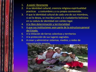 1. A existir libremente
2. A su identidad cultural, creencia religiosa espiritualidad
practicas y costumbres y a su propia cosmovisión.
3. A que la identidad cultural de cada uno de sus miembros,
si así lo desea, se inscribe junto a la ciudadanita boliviana
en su cedula de identidad con validez legal.
4. A la libre determinación y territorialidad.
5. A que sus instituciones sean parte de la estructura general
del Estado.
6. A la titilación de tierras colectivas y territorios
7. A la protección de sus lugares sagrados.
8. A crear y administrar sistemas, medios, y redes de
comunicación propias.
 