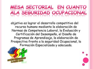 objetivo es lograr el desarrollo competitivo del
   recurso humano mediante la elaboración de
 Normas de Competencia Laboral, la Evaluación y
   Certificación del Desempeño, el Diseño de
  Programas de Aprendizaje, la elaboración de
Prospectiva frente a la seguridad Ocupacional, la
      Formación Especializada y adecuada.
 