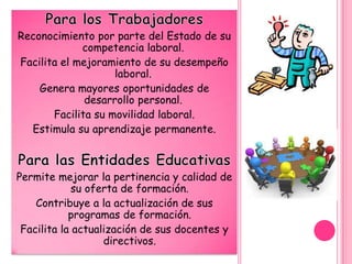 Reconocimiento por parte del Estado de su
             competencia laboral.
Facilita el mejoramiento de su desempeño
                    laboral.
    Genera mayores oportunidades de
              desarrollo personal.
       Facilita su movilidad laboral.
  Estimula su aprendizaje permanente.



Permite mejorar la pertinencia y calidad de
             su oferta de formación.
    Contribuye a la actualización de sus
            programas de formación.
 Facilita la actualización de sus docentes y
                   directivos.
 
