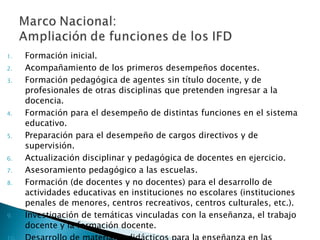 Formación inicial. Acompañamiento de los primeros desempeños docentes. Formación pedagógica de agentes sin título docente, y de profesionales de otras disciplinas que pretenden ingresar a la docencia. Formación para el desempeño de distintas funciones en el sistema educativo. Preparación para el desempeño de cargos directivos y de supervisión. Actualización disciplinar y pedagógica de docentes en ejercicio. Asesoramiento pedagógico a las escuelas. Formación (de docentes y no docentes) para el desarrollo de actividades educativas en instituciones no escolares (instituciones penales de menores, centros recreativos, centros culturales, etc.). Investigación de temáticas vinculadas con la enseñanza, el trabajo docente y la formación docente. Desarrollo de materiales didácticos para la enseñanza en las escuelas. 