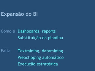 Expansão do BI
Dashboards, reports
Substituição da planilha
Textmining, datamining
Webclipping automático
Execução estratégica
Como é
Falta
 