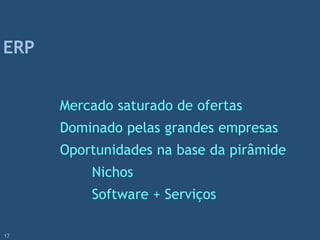 Mercado saturado de ofertas
Dominado pelas grandes empresas
Oportunidades na base da pirâmide
Nichos
Software + Serviços
ERP
17
 